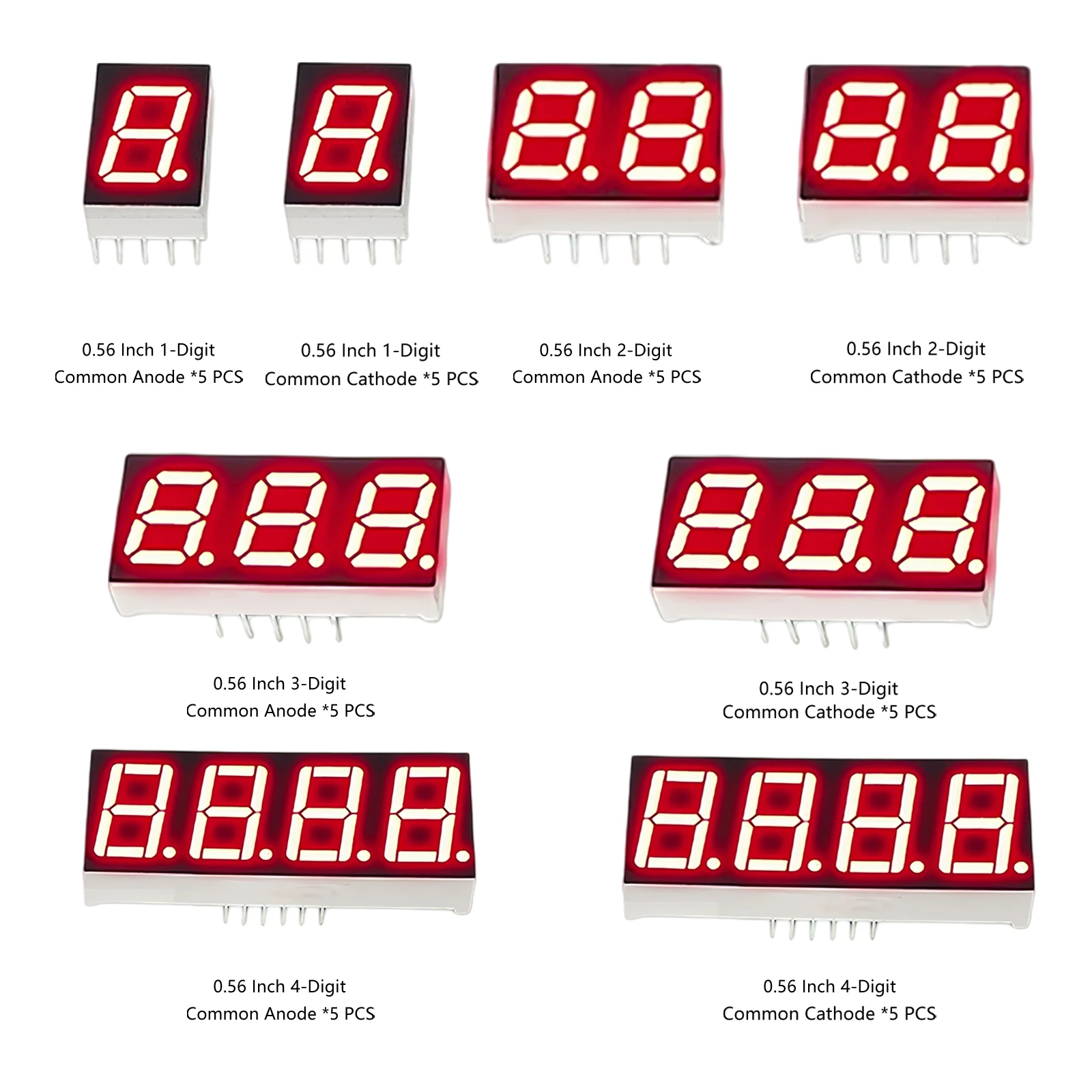 8 Values 0.56 inch Common Cathode/Anode LED Digital Tube Kit 1/2/3/4 bits bit Red 7 Segment Display Digit Total 22 Pcs