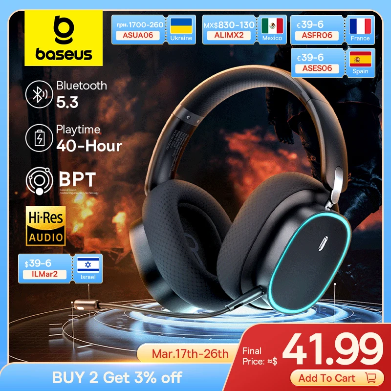 Baseus GH02 Gaming-Funkkopfhörer mit Mikrofon, Over-Ear-Kopfhörer, Bluetooth 5.3, 40-mm-Treiber, 2,4 G/kabellos/Kabel, RGB-Headsets