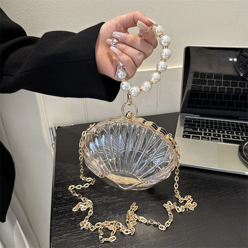 Acrylic Seashell Small Evening Bags For Women Pearl Chain Handbags Fashion Cute Mini Clutches Prom Party Shoulder Bags Handbag