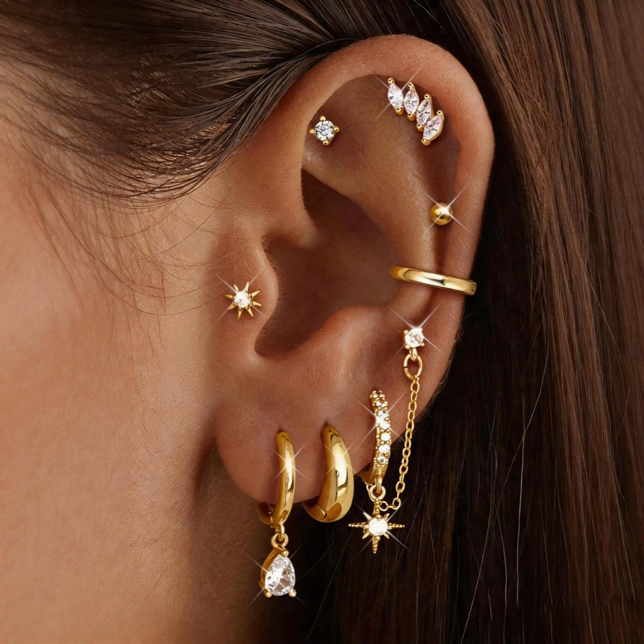8 Pairs Women's Ear Stack Earrings Set,Gold-Plated Hypoallergenic Accessories for Women with Chain Cartilage Pieces,  Huggie Hoops & Studs for Multiple Piercings, Dainty Stacking Multi-Layered Lightweight Summer Jewelry
