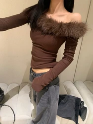 Fur Collar off-ShoulderTop Women's Solid Color AutumnWinter Long-Sleeved T-shirt Slim Inner Bottoming Shirt Fashion All-Matching