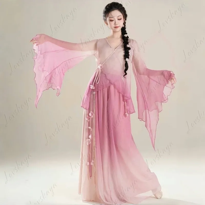 بدلة ممارسة أداء الرقص الكلاسيكي الجديد مع نسيج حريري متدرج متدفق - فستان أداء الرقص الصيني