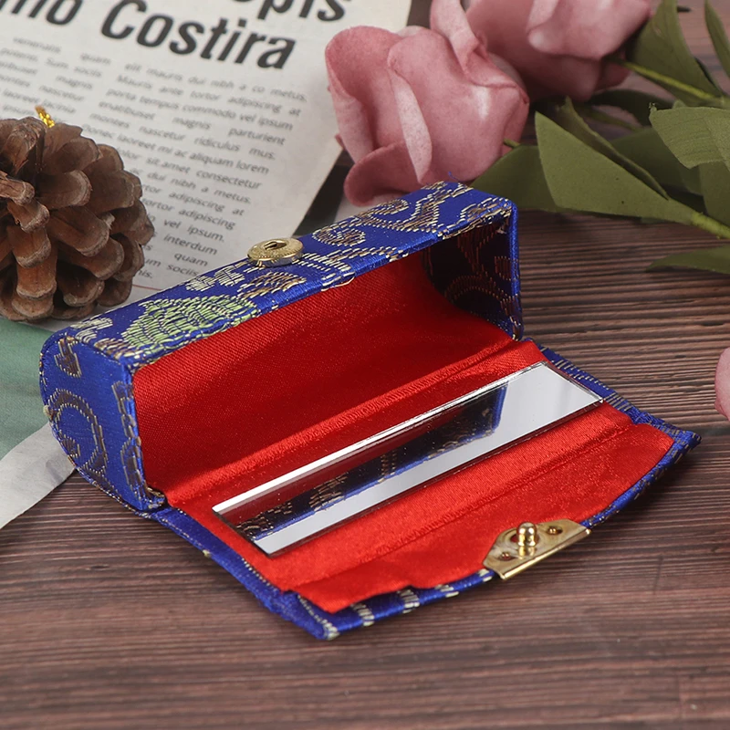 1Pc Portable Embroidered Lipstick Case Storage Jewelry Holder Random Retro Flower Design Lipstick Display Box With Mirror