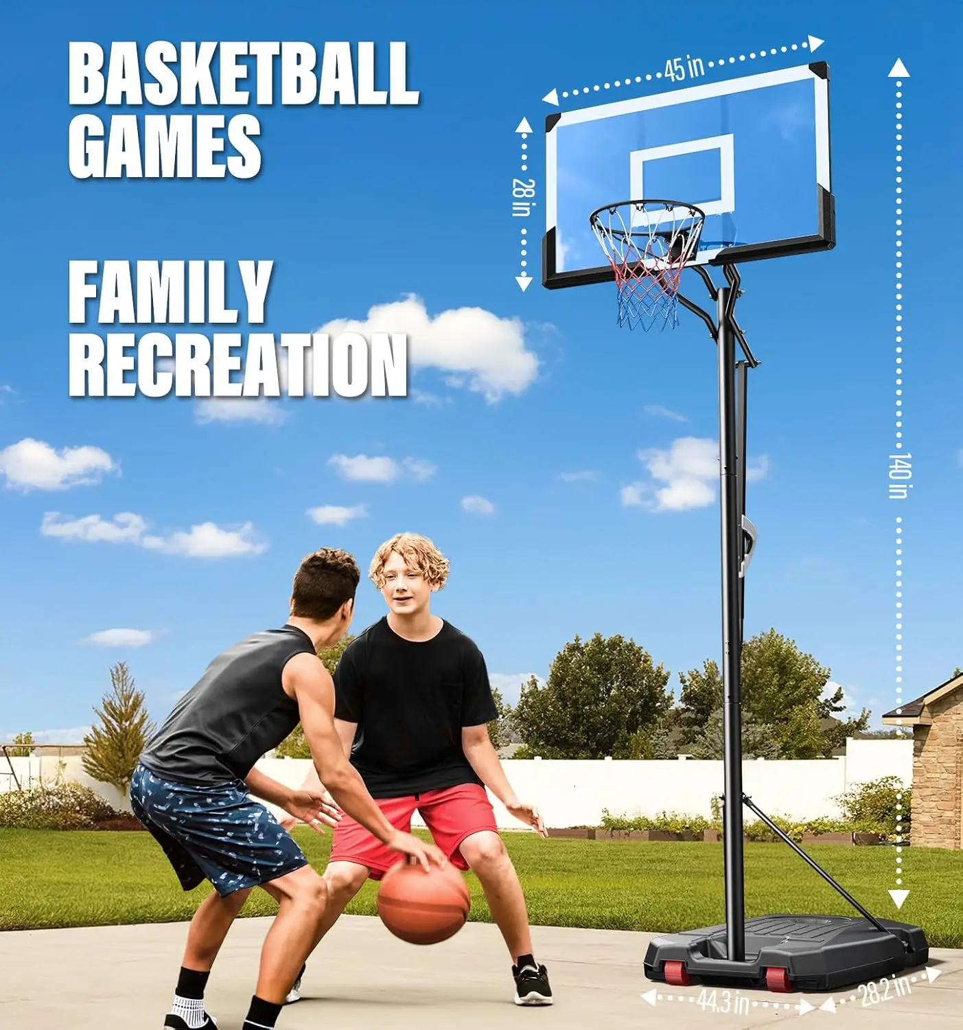 Basketball Hoop Outdoor, 4.4-10 ft Adjustable Height, Weather-Resistant Heavy Base and 45 Inch Shatterproof Backboard.