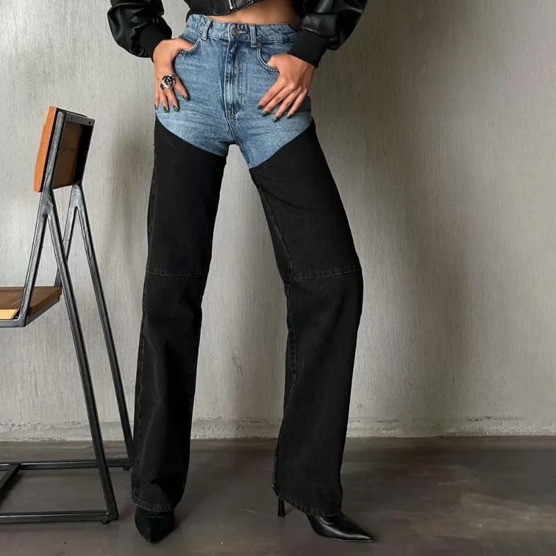 American Style Color Blocking Patchwork Elastic Slim Fit Women's Jeans Y2K Retro Fashion Straight Leg Pants Small Leg Jeans