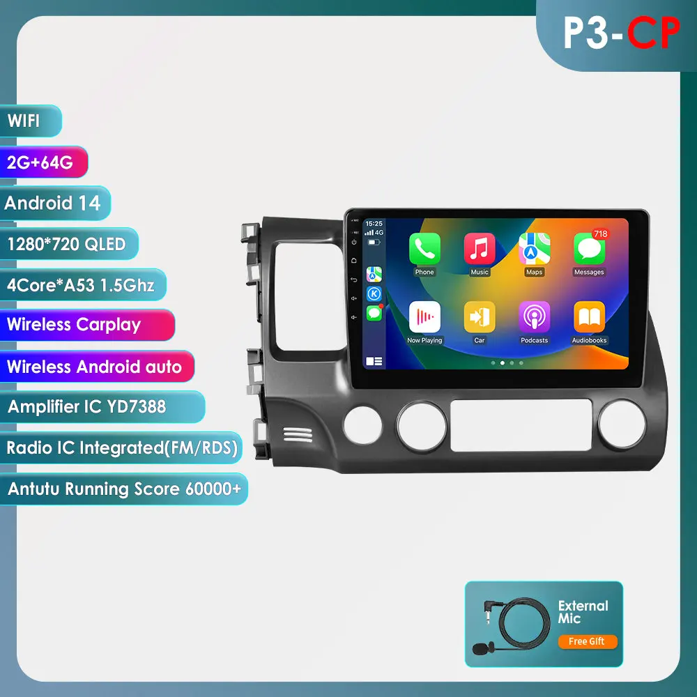 4G Autoradio Android 14 Autostereo Radio voor Honda Civic 8 2006 - 2011 Multimedia Videospeler Navigatie GPS 2Din WiFi Audio BT