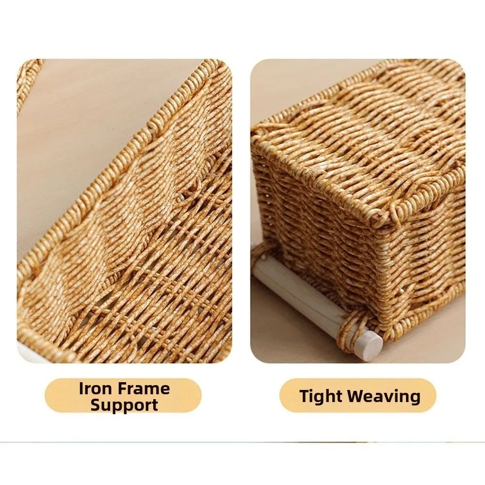 Creative Brown Storage Basket Woven Pattern Rectangle Organizing Baskets Wood Handle Display Basket Bathroom Storage