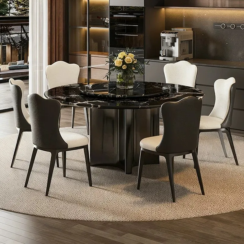 Black Rose Luxury Stone Dining Table Natural Marble Round Table Dining Table and Chairs