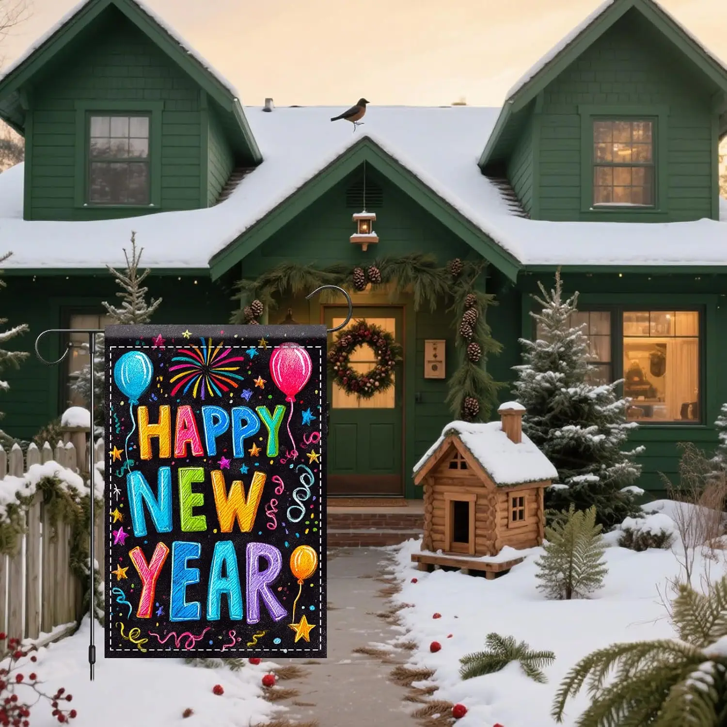 Nuxovilar Christmas Garden Flag Double Sided Christmas Yard Flag Flax Happy New Year Colorful Letters Outdoor Decoration (12 SSL