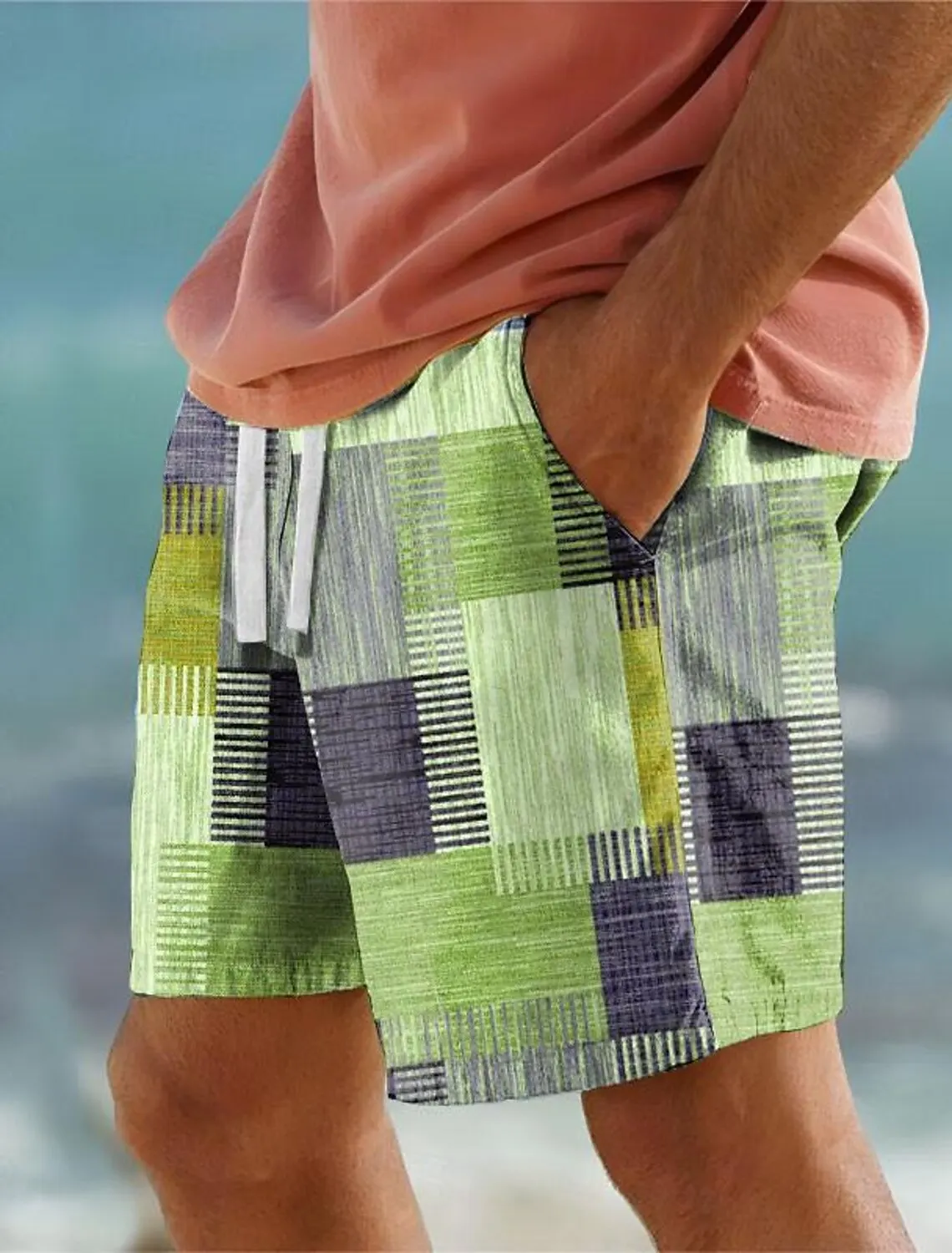 Calções de tabuleiro xadrez geométrico 3D masculino, bloco de cores, cordão elástico, estilo havaiano, praia resort, calção de férias