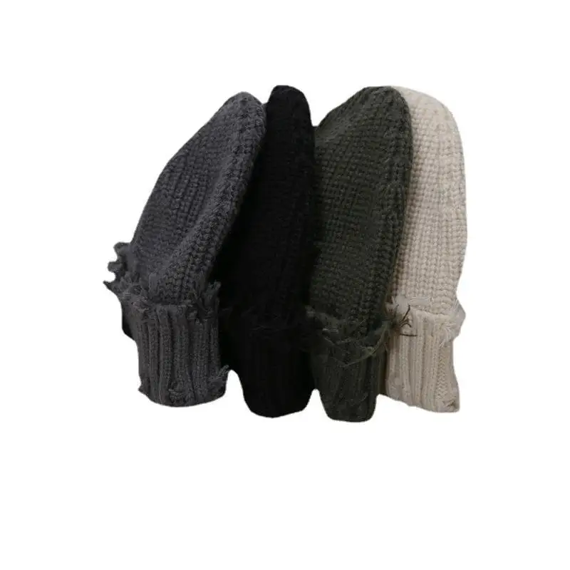 2025 New Fall and Winter Hip Hop Trend Broken Brim Knitted Hat Woman Man Green Grey Black White Hole Cap Warm Hat Bonnets Fall