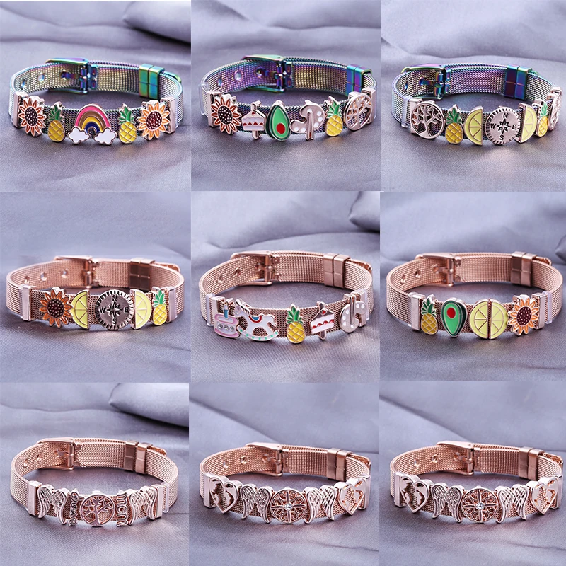 2023 New Feather Sunflower Avocado Slide Charm Bracelet With Fruit Beads Stainless Steel Mesh Bracelet Bangle For Women Men Gift