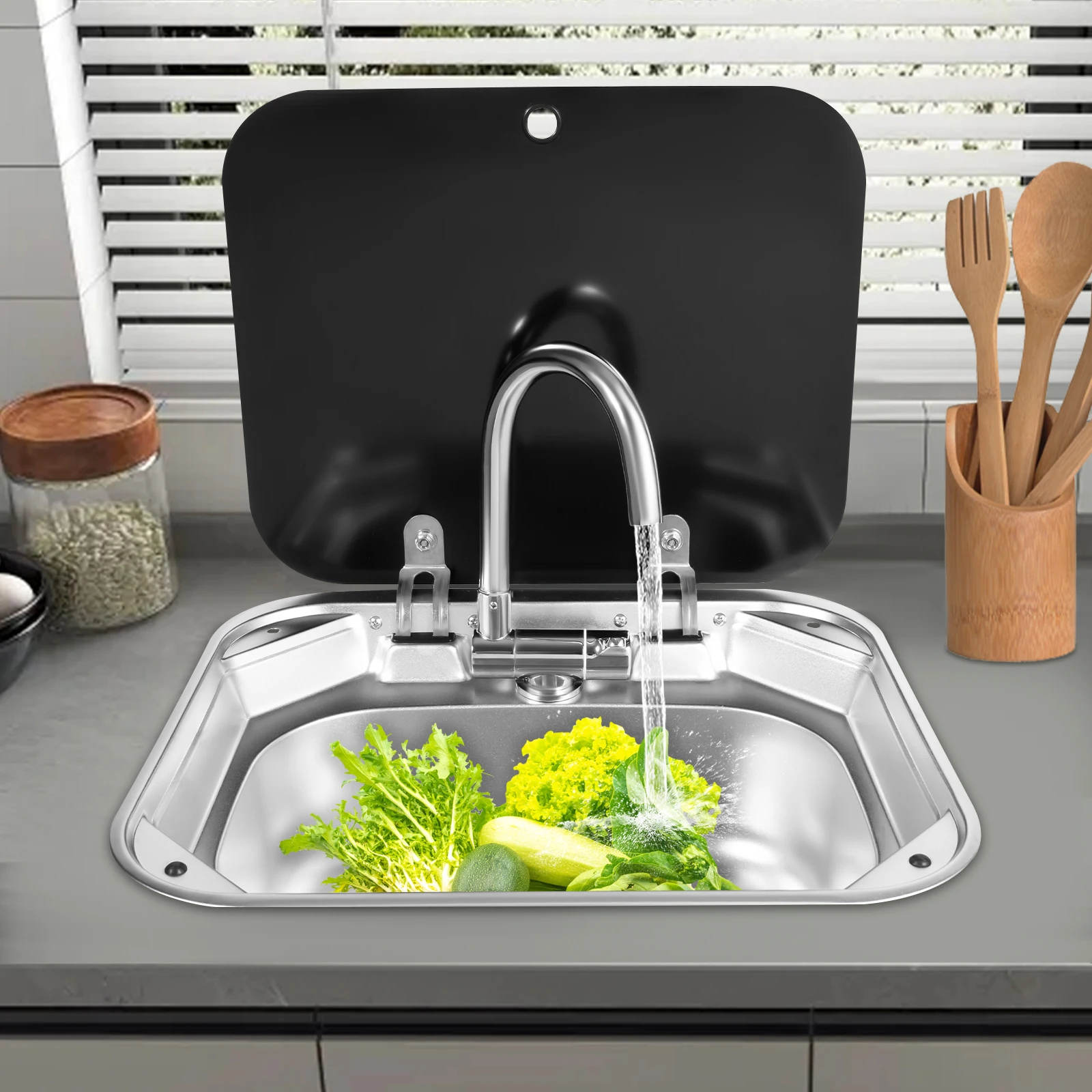 304 Stainless Steel Hand Wash Basin Sink Camper Accessories RV Sink with Tempered Glass Lid & Folded Faucet