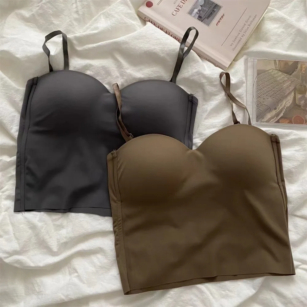 편안한 심리스 캐미솔 원피스 아이스 실크 크롭탑 (컵 포함) 피트니스 속옷