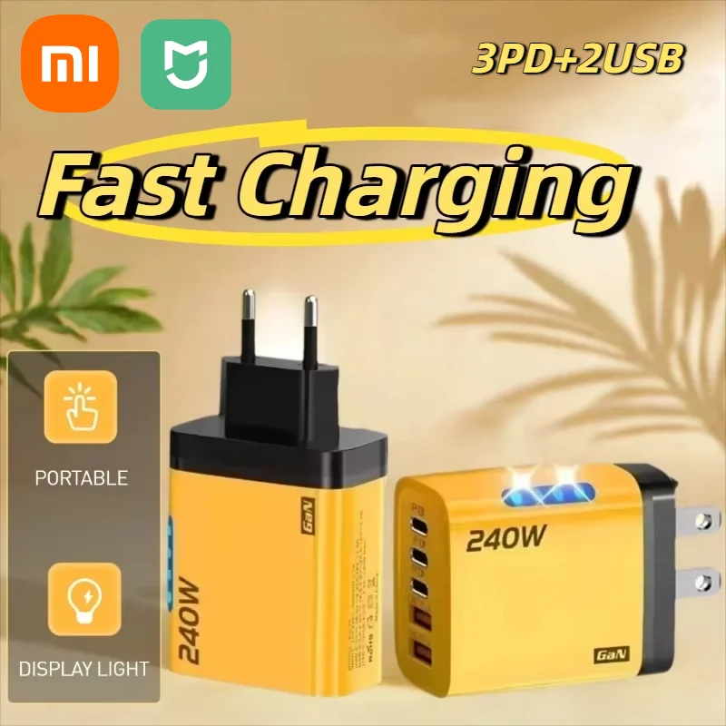 XIAOMI 240 Вт 5 в 1 Gan Настольное зарядное устройство 3PD 2 USB Быстрая зарядка Зарядное устройство ЕС/США Дисплей Свет для Iphone Samsung Xiaomi Huawei