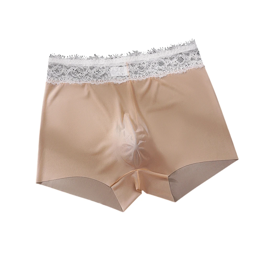 1pc Men Seamless Lace Trunks Ice Silk Ultra-thin Underwear Breathable Cool Panties 3D Bulge Pouch Boxer Shorts Tight-fitting