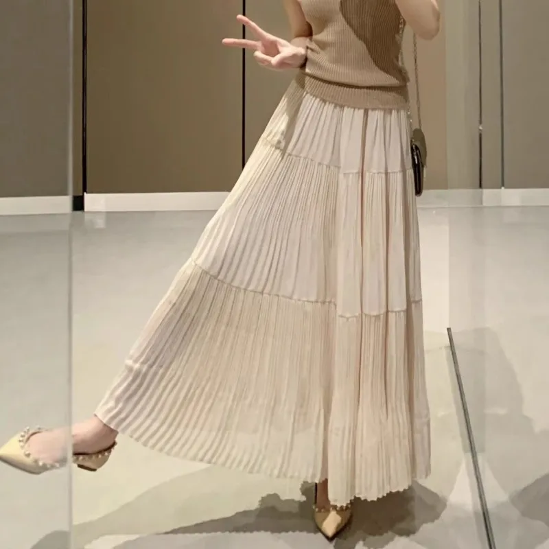 2026 New Women 2 Piece Outfit V Neck Cap Sleeve Ribbed Knit Crop Tops High Waist Tiered Pleated Maxi Skirt Elegant Matching Sets