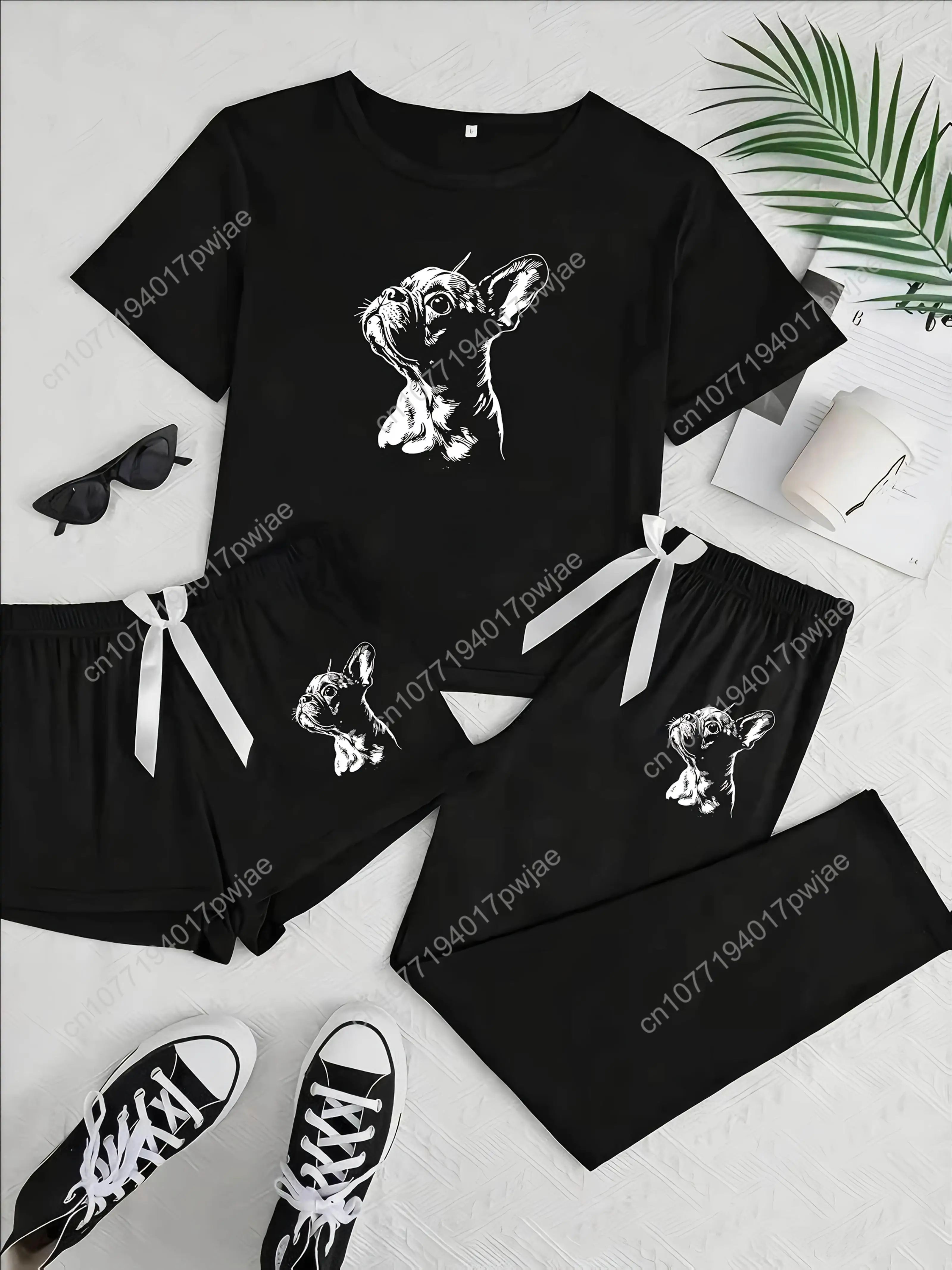 

Women'S French Bulldog Print Black Short Sleeve Top and Matching Shorts Long Pants Three-Piece Pajama Set, Ladies Pajama Set, Pa