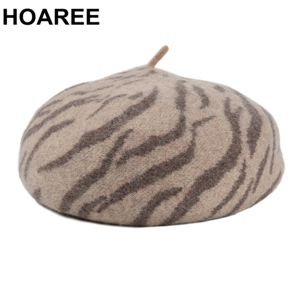 HOAREE Zebra Stripe Korean Autumn and Winter New Berets Capfs for Women Woolen Beret Ladies Artist Hat Female Wool Hat