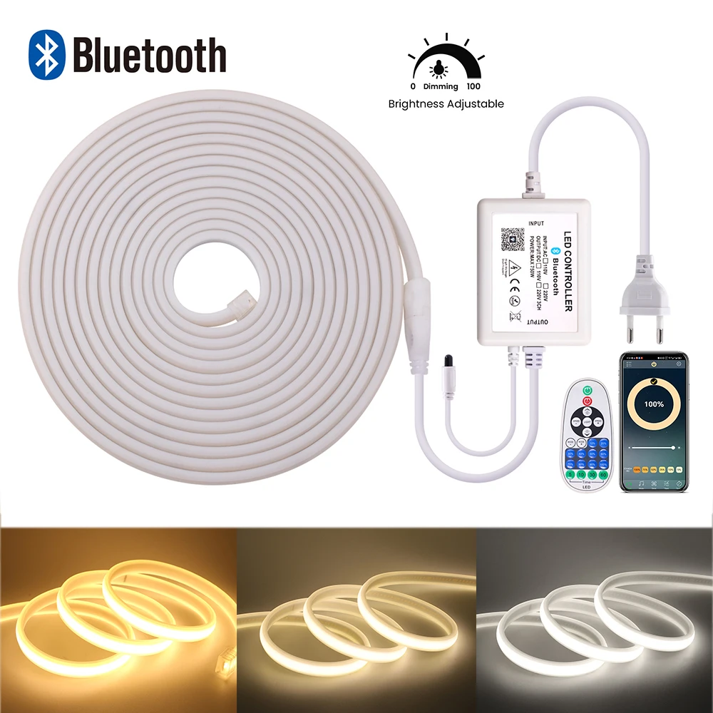 

Bluetooth APP Control Dimmerable AC 220V COB Neon Light 288Leds/M IP65 Waterproof With Remote Flexible Ribbon Tape LED Strip