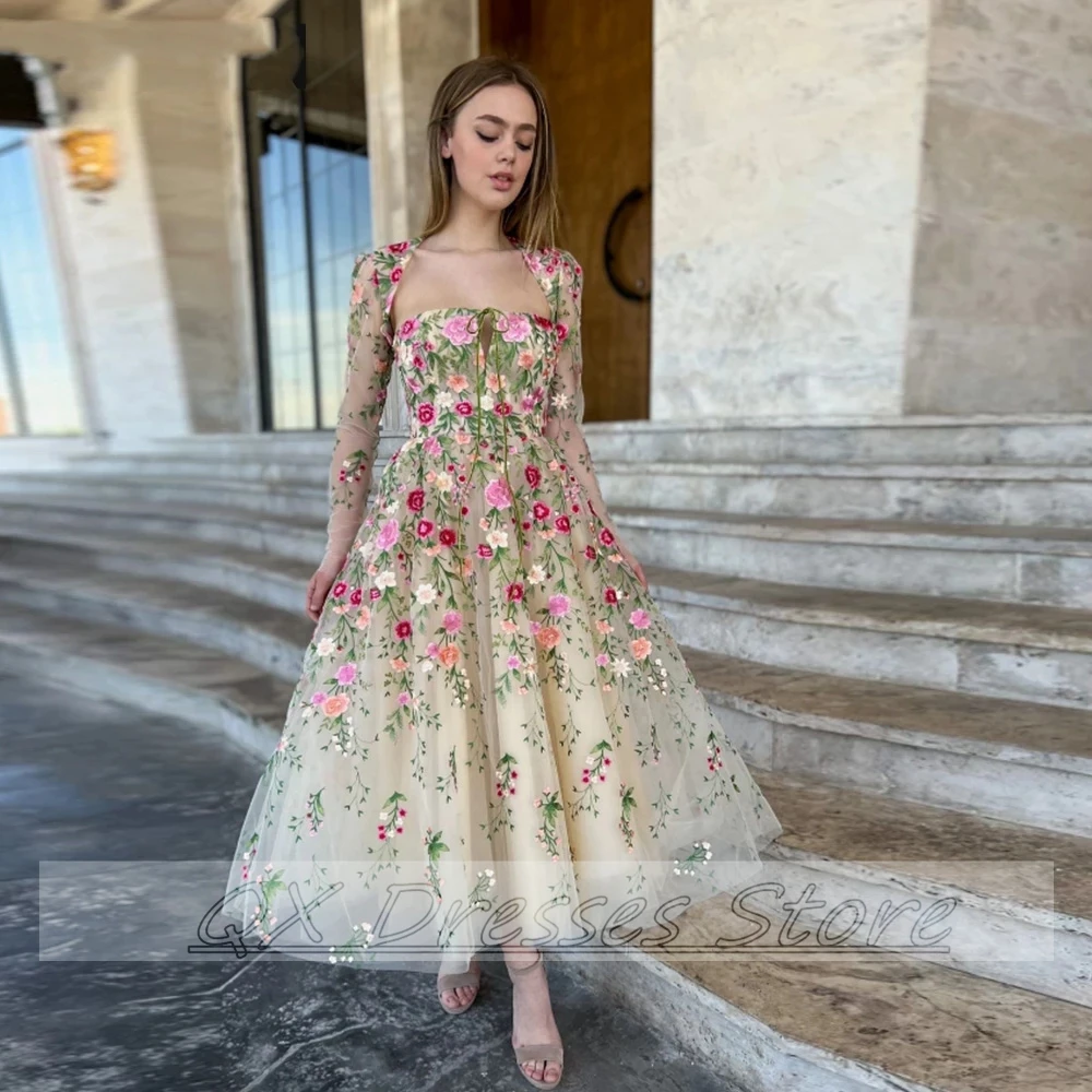 CustomizedFlower Appliques Evening Dress Strapless Detachable Shawl Sleeve Tea-length Tulle A-line Elegant Prom Gown Party Gala