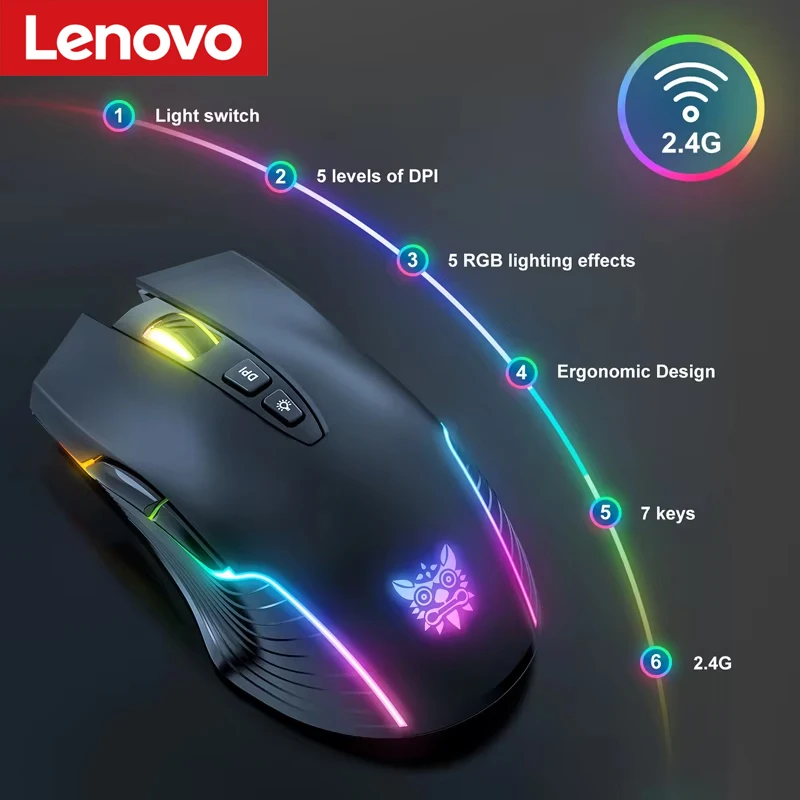 Lenovo CW905 Wireless Gaming Mouse Levels Adjustable 5 Levels 3600 DPI Buttons RGB Lighting Modes Ergonomic Mice For PC Gamer