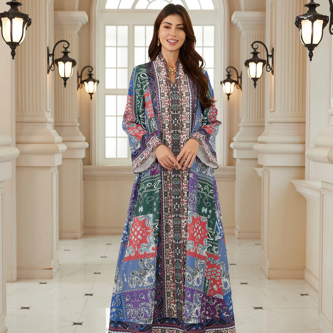 Eid Abaya Frauen Party Kleid v-ausschnitt Jalabiya Drucken Muslimischen Dubai Vestidos Largo Ramadan Marokko Gebet Kaftan Robe Abayas 2026