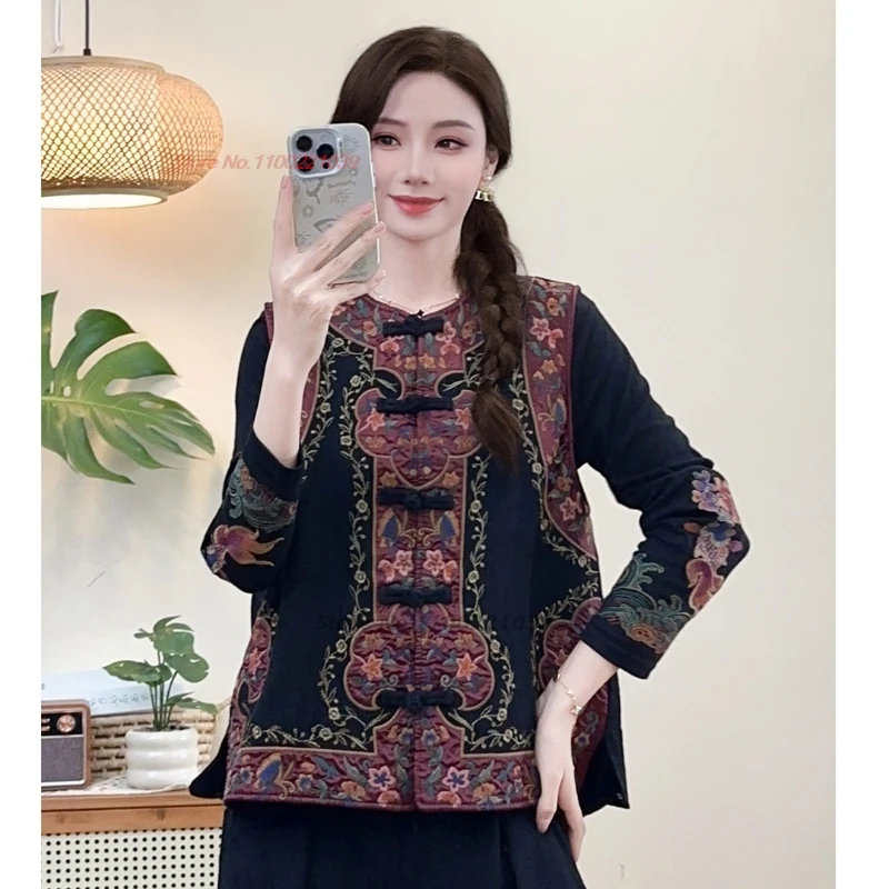 

2025 национальный цветочный вышивка народный жилет винтажный хлопковый льняной жаккардовый жилет куртка без рукавов восточный этнический жилет жилет