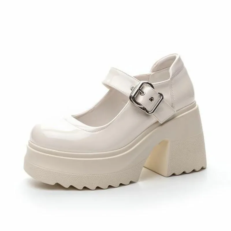 

10cm Patent Genuine Leather Breathable Chunky Heels Mary Jane Buckle Platform Autumn Pumps Summer Ankle Boots Spring Shoes
