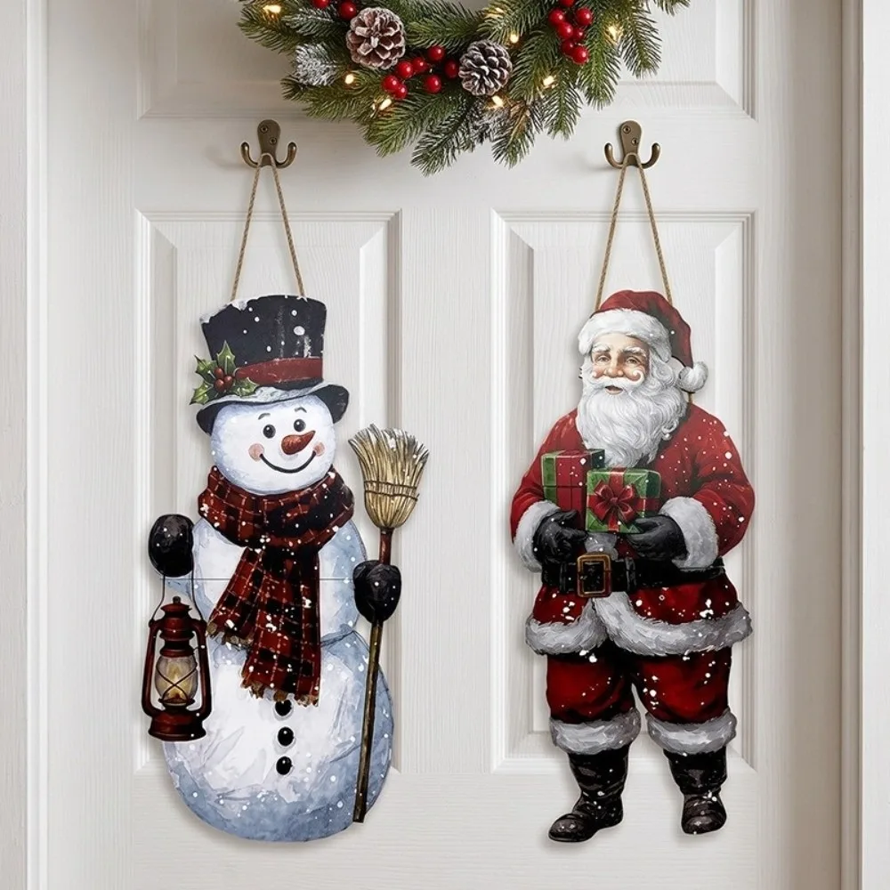 Wooden Door Hanging Sign Snowman Santa Claus Ornament Xmas Decorative Board Wall-mounted Festival Plaque Christmas Decorations