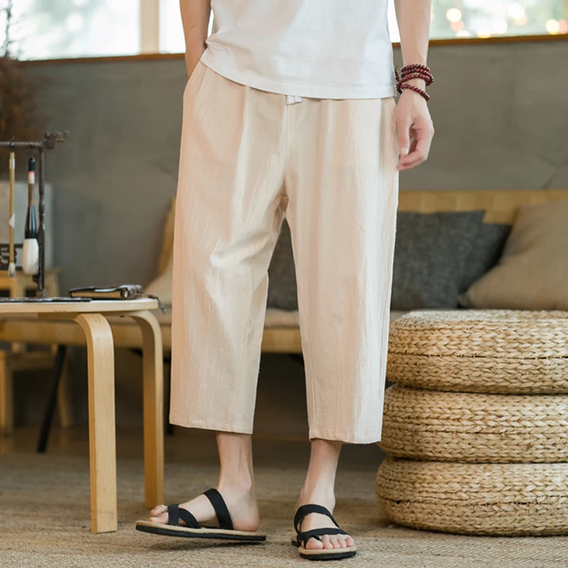 

Men's Summer Casual Shorts Linen Cotton Seven-Point Pants Chinese Style Loose Wide-Legged Simple Trendy Solid Shorts B128