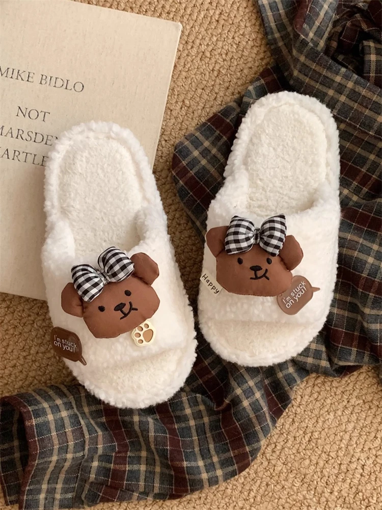 

Women Home Slippers Indoor Anti Slip Cute Floor Shoes Women's Bow Bear Fur Slippers Winter One-piece Household Cotton Slippers