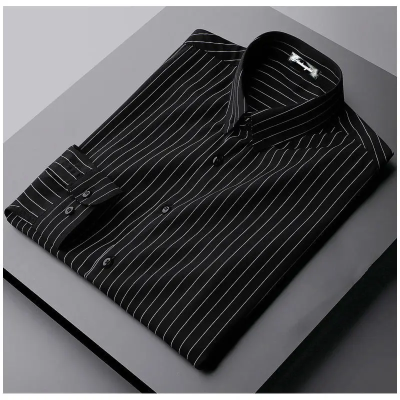 2024 New Spring and Autumn Korean Edition Trendy and Simple Casual Business Flip Collar Stripe Non Iron Formal Fit Shirt for Men