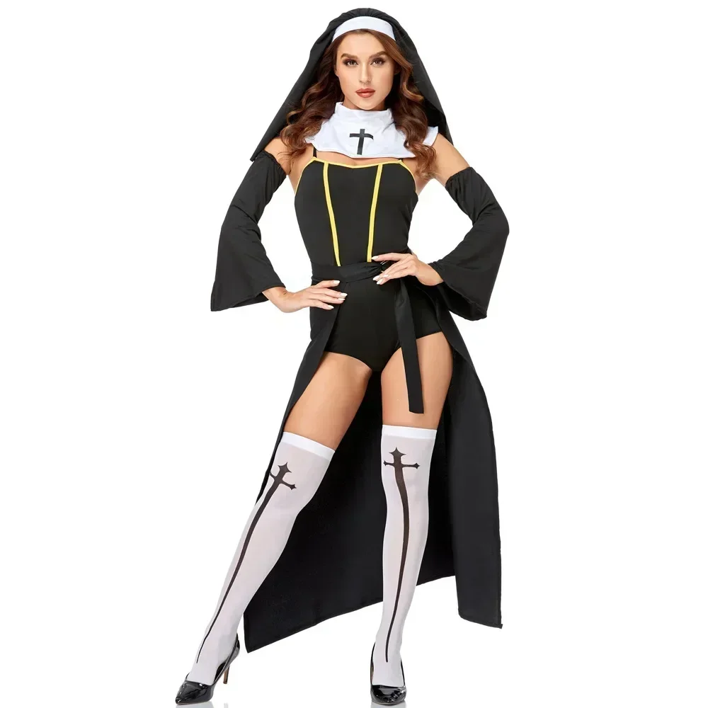 

New Halloween Adult Lady Sexy Nun Black Priestly Dress Priest Maria Nun Role Play Costume