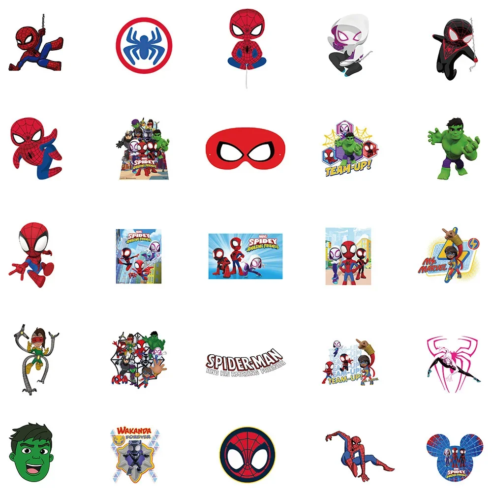 50Pcs Cartoon Marvel SpiderMan and His Amazing Friends Stickers Laptop Skateboard Guitar Luggage Waterproof Sticker Toys