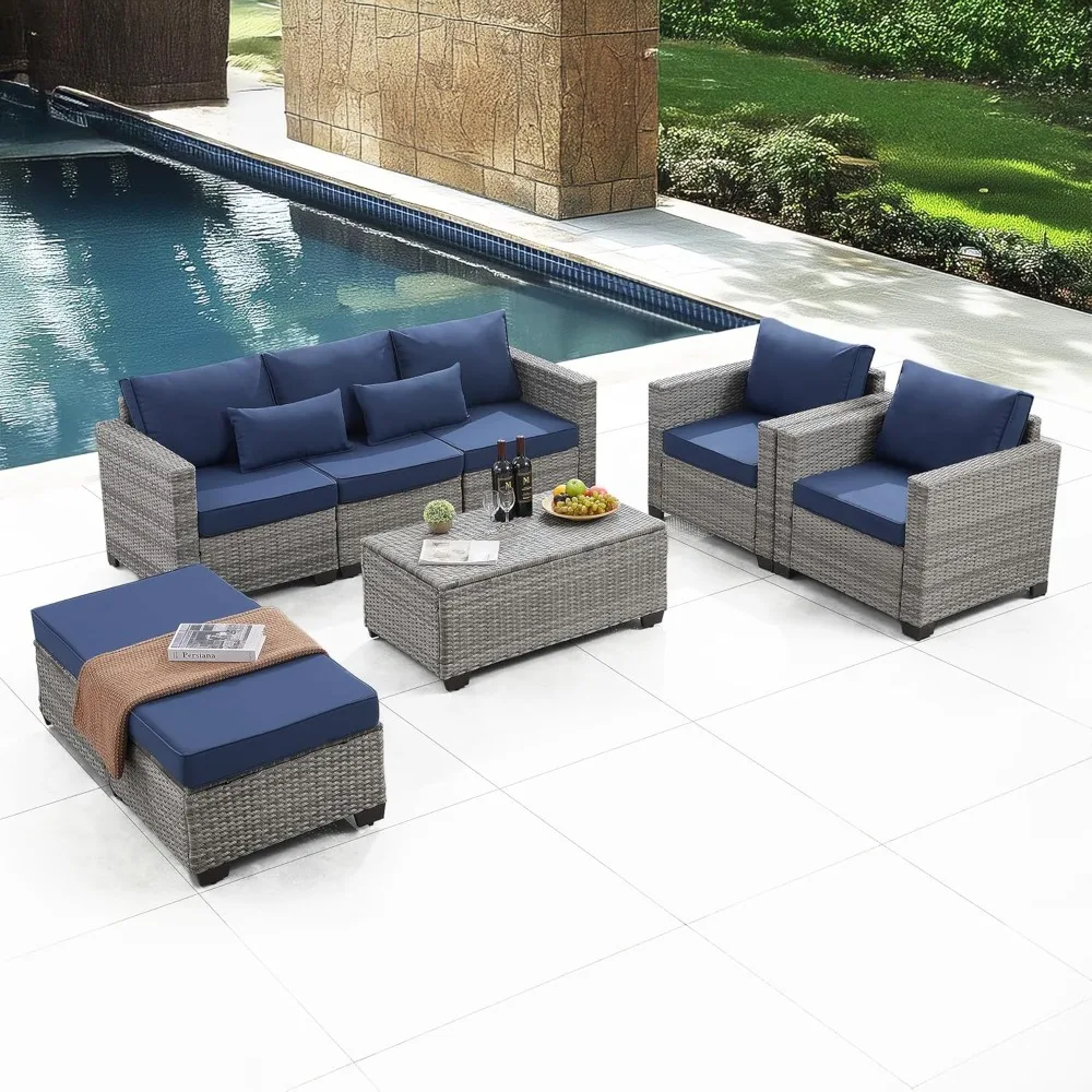 

6 Pieces Outdoor Patio Furniture Sets with Furniture Cover, PE Rattan Wicker Patio Conversation Set with Tea Table (Royal Blue,