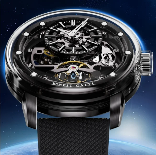 BONEST GATTI Men Automatic Watch Vintage 44mm Mechanical Wristwatch Luminous Skeleton Dial Sapphire Mirror Quick Release Strap