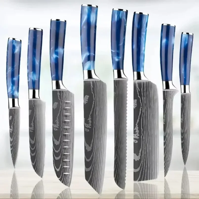 Damascus Patterned Laser Steel Japanese Santoku Knife Resin-Handled Chef's for Cleaver Meat Fruit Peeling Cooking Knife Home Use