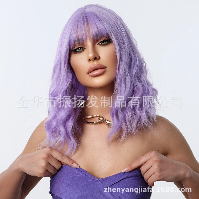 Halloween purple small wavy synthetic hairpiece wig with bangs women