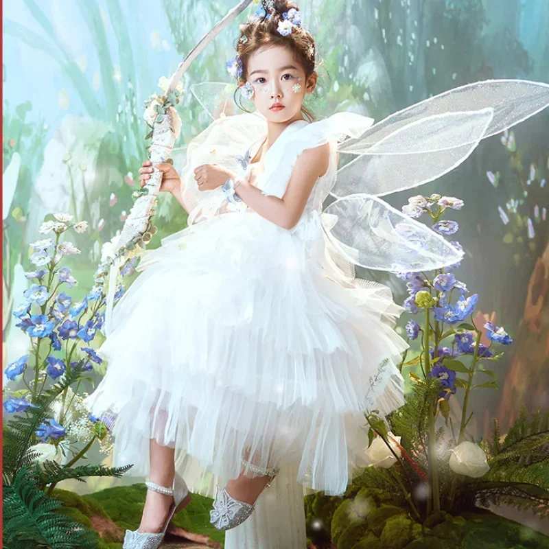 

June 1st Girls' Small Dress White Green Wedding Dress Princess Dress Flower Girl Catwalk Trailing Performance Costume