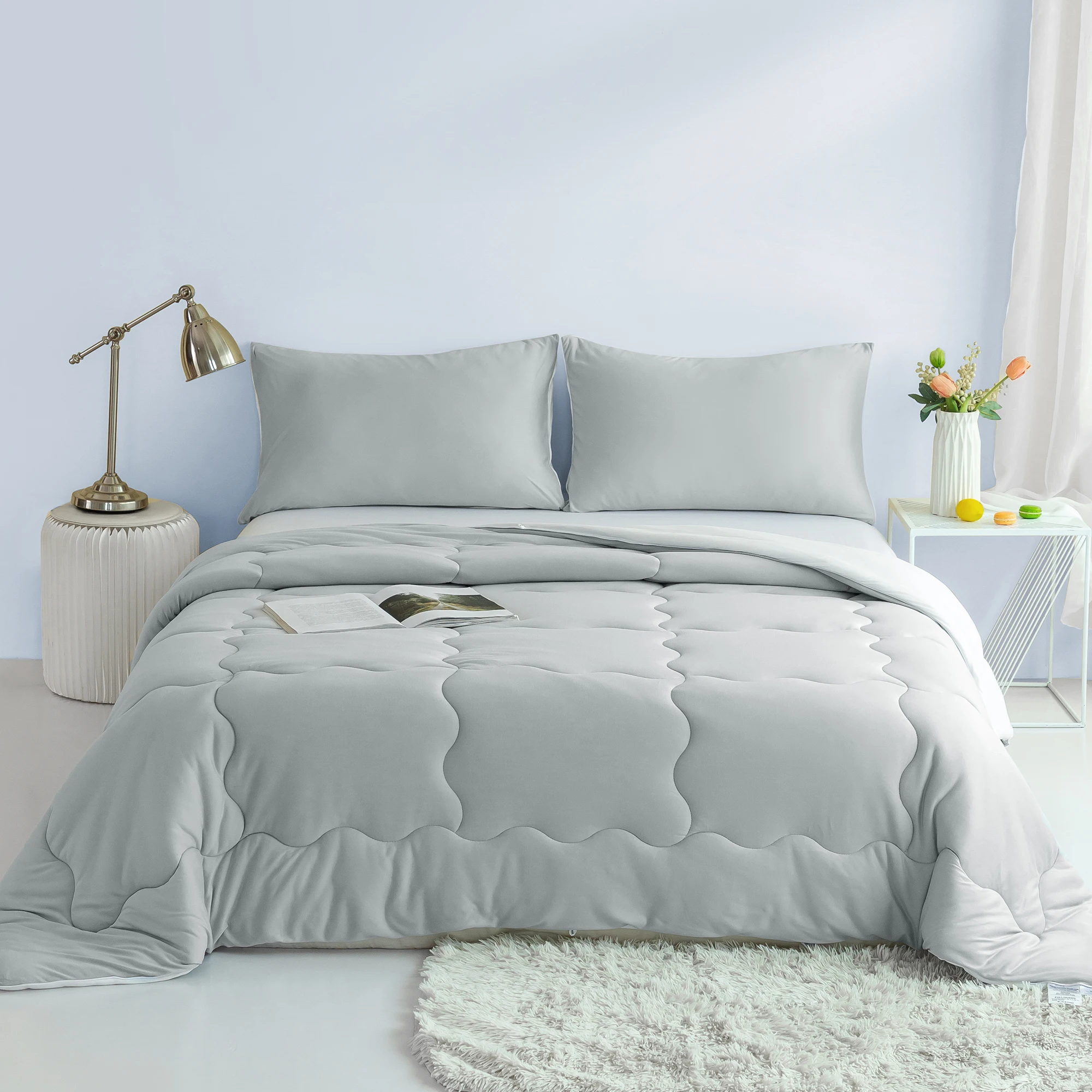 

Reversible Ultra-Soft Comforter Set, Jersey Knit Cotton Cozy Breathable Bedding light grey and white Twin XL Size