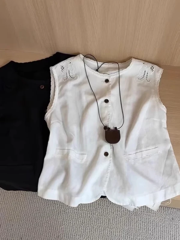 

Женский ажурный жилет, летний винтажный свободный многослойный топ без рукавов, тонкая верхняя одежда на пуговицах с цветочной кружевной отделкой