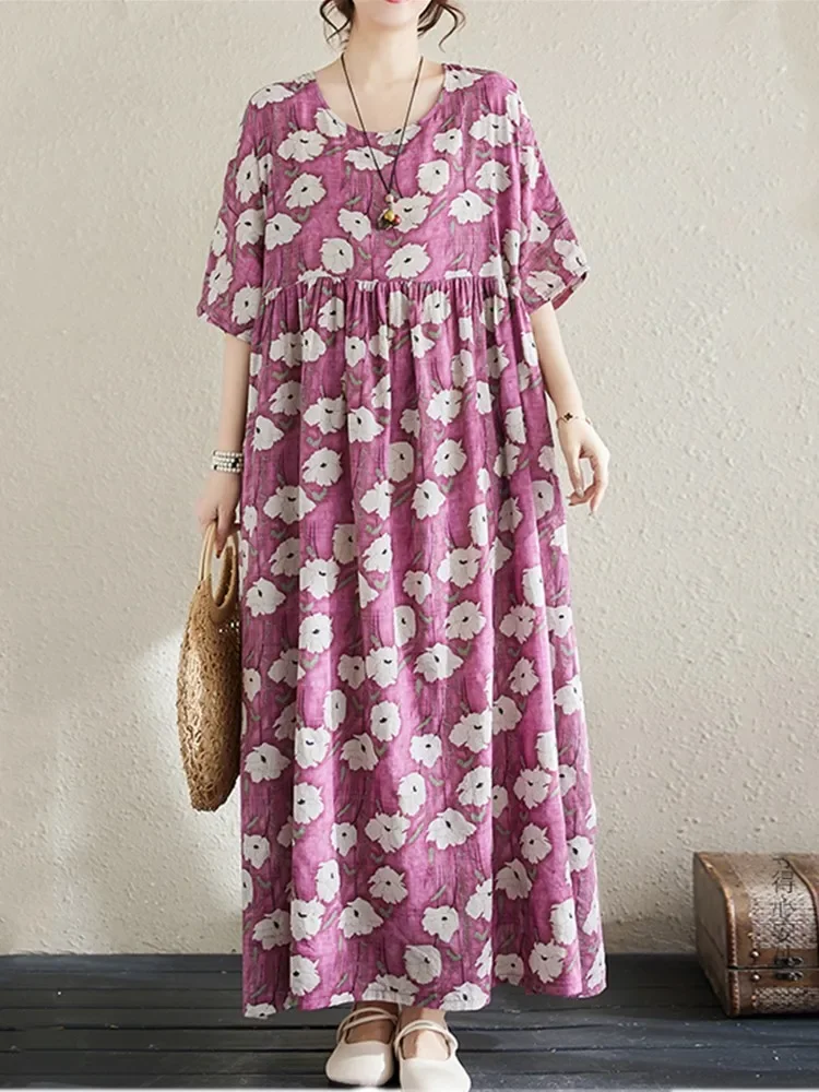 short sleeve oversized cotton vintage floral new in dresses for women casual loose long summer dress elegant clothing 2025