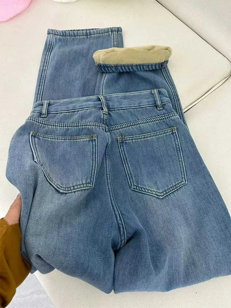 Azul de pelúcia engrossar calças jeans inverno oversized cintura alta calças retas senhora velo quente perna larga jeans