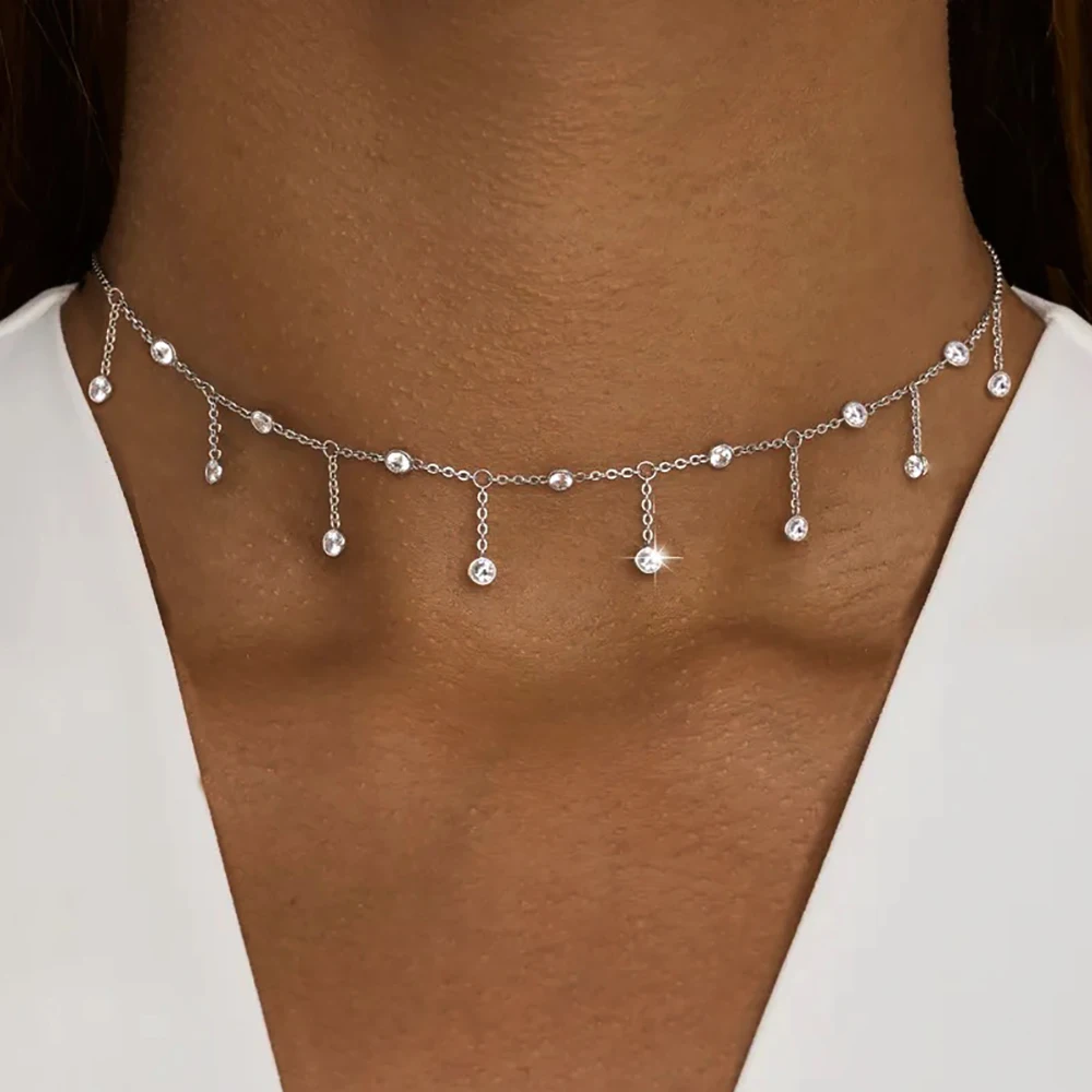 2mm Bezel Set Moissanite Charm Choker For Women s925 Silver Round Bubble Diamond Long Tassel Layering Necklace With Certificate