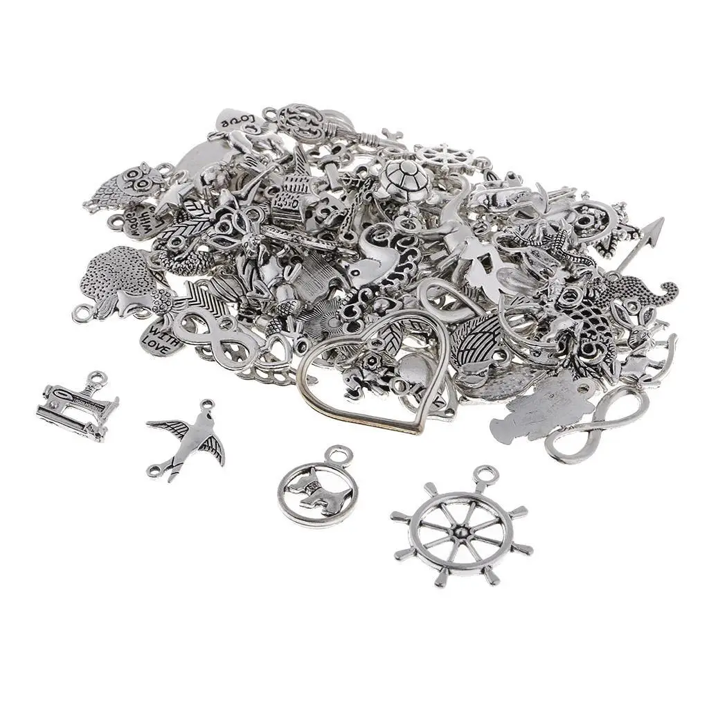 100 Pieces Assorted Many Style DIY Necklace Bracelet Pendants Charms Silver