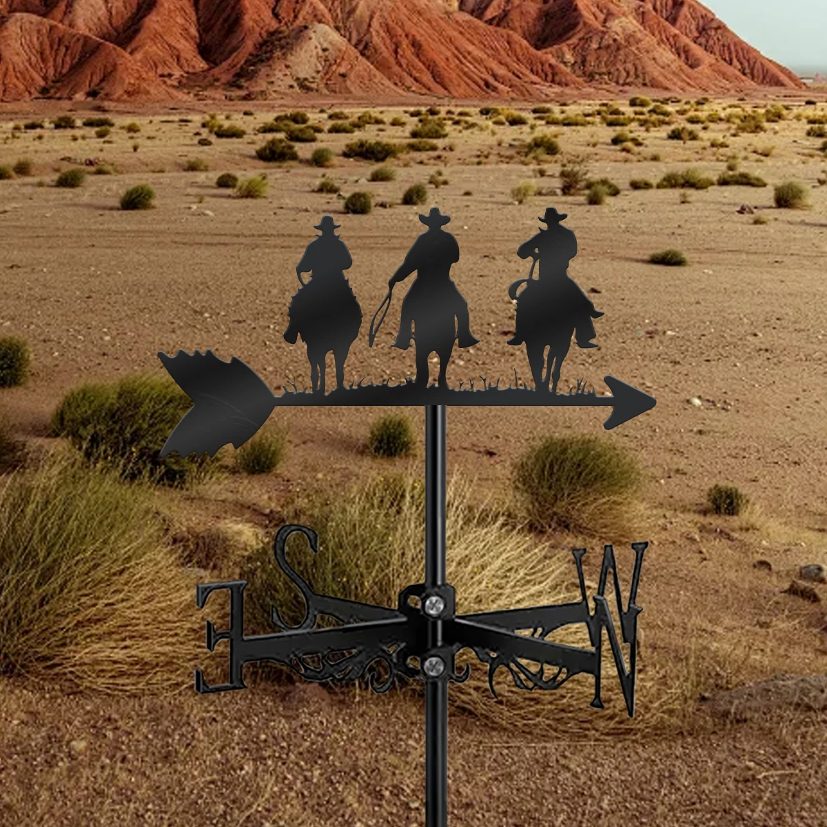 

Металлический садовый указатель направления (1 шт.) с изображением трех ковбоев на лошадях, черный силуэт, с указателем направления