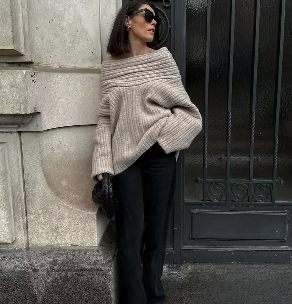 

KONDALA женский уличный повседневный свитер на одно плечо вязаный свободный свитер 2025 новый осенне-зимний модный простой современный женский свитер