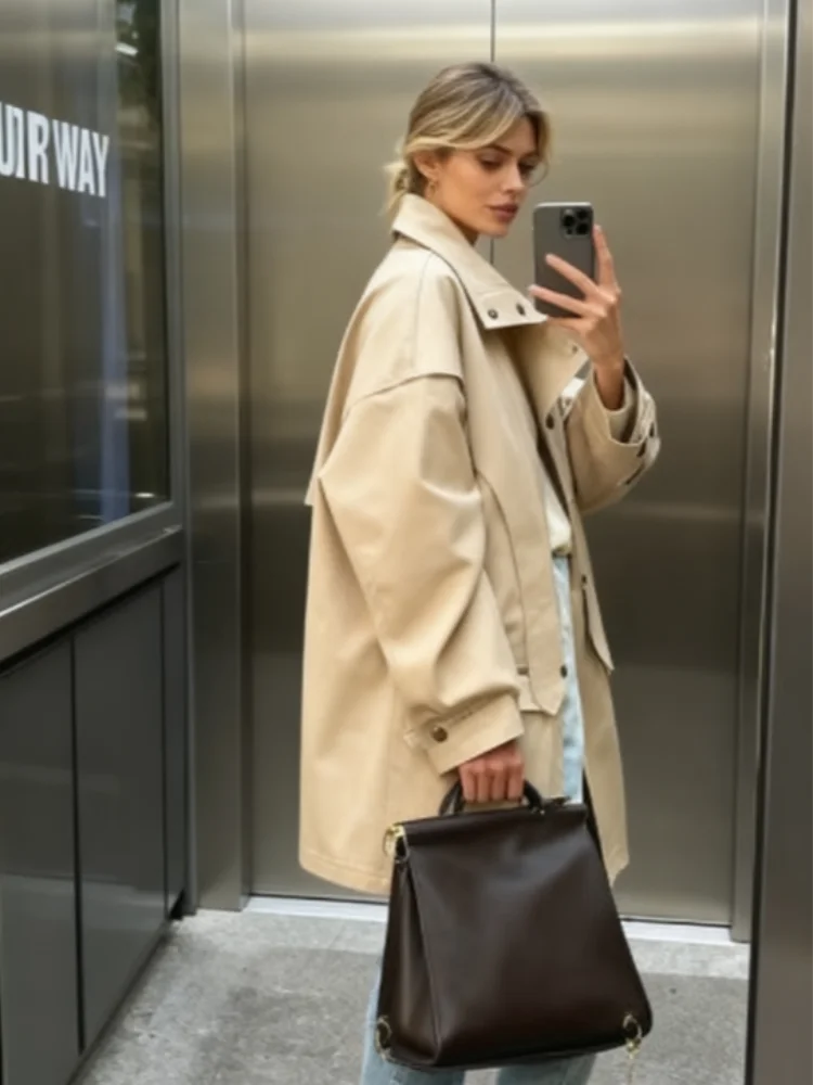 

Женский плащ цвета хаки средней длины с воротником-стойкой и длинными рукавами на молнии с поясом и большими карманами, куртка 2025 года, стильная практичная верхняя одежда