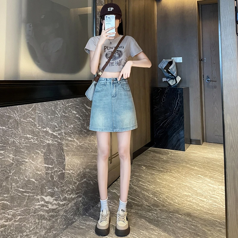 Shascullfites Denim Skirt For Women 2024 Summer New Style Anti-Exposure All-Match A-Line With Lining Slim Hip Skirt Hot Girl